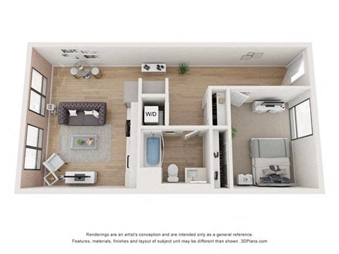 a 3d floor plan of a bedroom with a bathroom and a living room